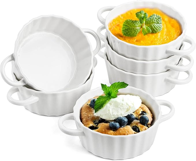 Foraineam 6 Pack Oven Safe Porcelain Souffle Dishes with Double Handles, 10 Ounce Round Mini Quiche Pan, Baking Pie Dish Ramekins For Pudding, Creme Brulee, Souffle