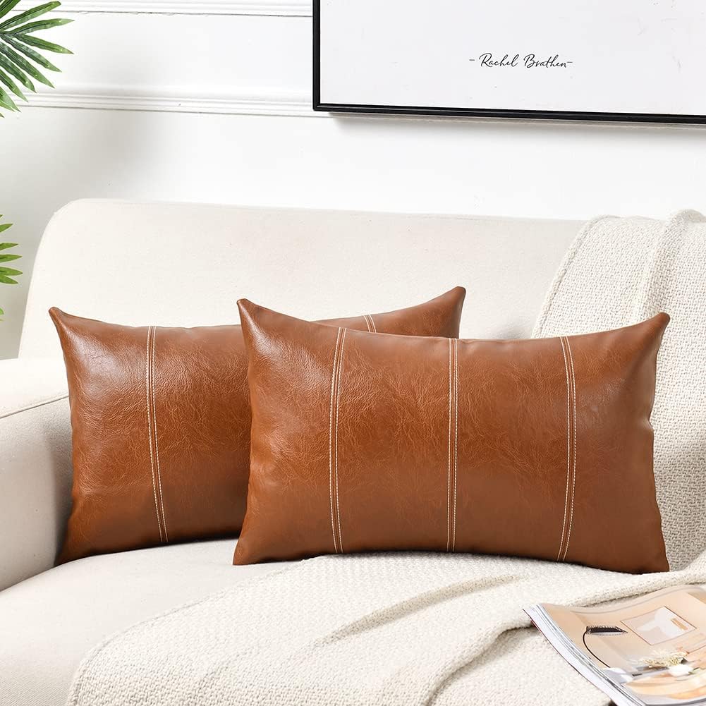 Fancy Homi Brown Boho Long Lumbar Faux Leather Decorative Throw Pillow Covers 14x24 Inch for Living Room Couch Bed Sofa, Hand Stitched Rectangle Cushion Case, Rustic Modern Farmhouse Home Decor