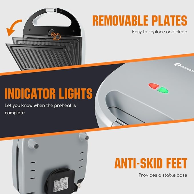 Aigostar Sandwich Maker Panini Press Grill, 3 in 1 Waffle Maker with Removable Non-stick Plates, Electric Grilled Cheese Maker, Portable Cool Touch Handle, Led Indicator Lights & Easy to Clean, 750W