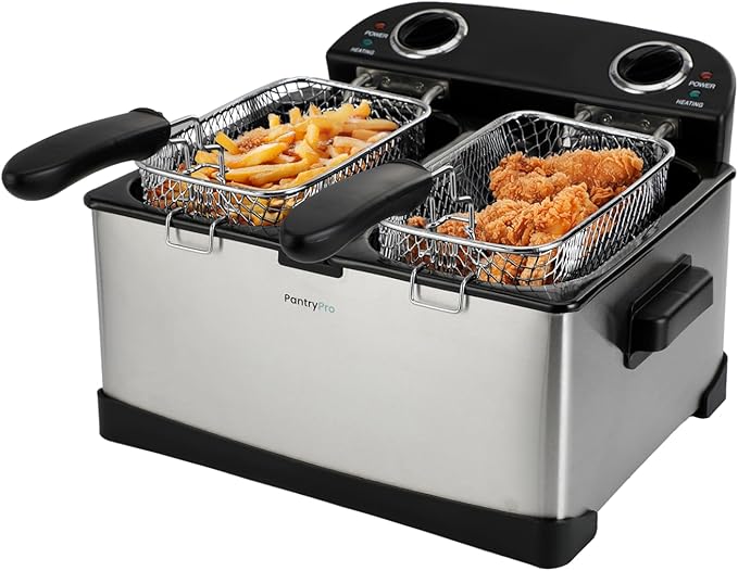PantryPro 4 Liter / 4.2 Quart Stainless Steel Dual-Tank Electric Deep Fryer, 1800 W, Dual Temperature Control, 2 Baskets, Odor Filter