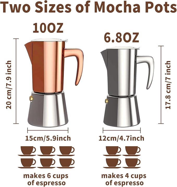 Stainless Steel Moka Pot Espresso Maker 6 Cups (10oz/300ml) - Italian Stovetop Coffee Maker for Gas & Induction Cooktops, Camping & Home Use, Durable Coffee Pot, Brown