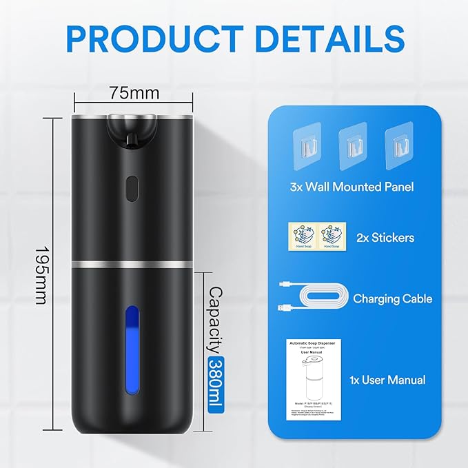 Automatic Liquid Soap Dispenser Touchless, Rechargeable Electric Dish ＆ Hand Soap Dispenser with Smart Digital Display, 6 Adjustable Level, Wall Mounted, 380ml IPX5 for Kitchen and Bathroom