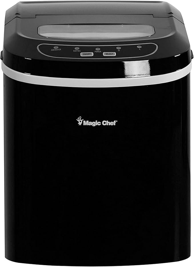 Magic Chef 27-Lb. Portable Ice Maker in Black, Tabletop Ice Maker for Kitchen, Apartment, Dorm, and Basement with Viewing Window, 2 Ice Cube Sizes, and Ice & Water Level Indicator Lights