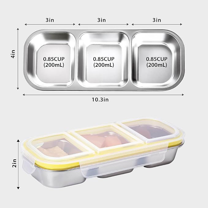 Stainless Steel Snackle Box Container,Reusable Bento Box for Kids & Adults,Leak-Proof Snack Containers with Lids, Perfect for Lunchables, Snack Pack Containers(3 Compartments Yellow)