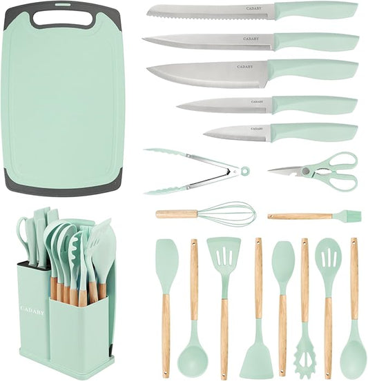 19 PCS Kitchen Cooking Utensils Set, 11 Pieces Silicone Cooking Utensils Set 6 Pieces Sharp Stainless Steel Green Knife Set with 1 Piece Cutting Board, Ideal for Apartment