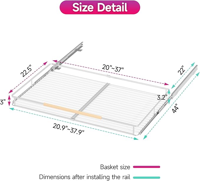 SUZLON Pull Out Cabinet Organizer, Expandable(20.9"~37.9") Cabinet Drawers Slide Out, Adjustable Width Roll 0ut Shelf Cabinet Organizer for Kitchen Base Cabinet Organization (X-Large, 1Pack)
