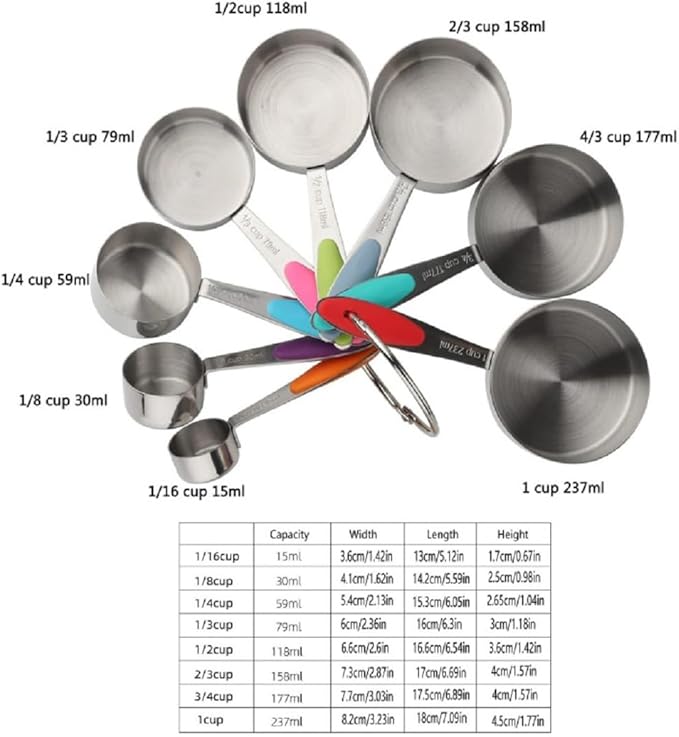 Measuring Cups and Spoons Set with Silicone Handle, Set of 13 Including Stainless Steel 8 Measuring Cups & 5 Measuring Spoons. Widely Used Cooking Baking Measurement as Kitchen Gadget.