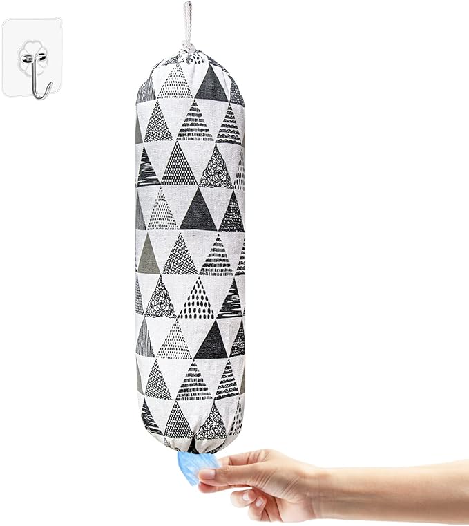 Plastic Bag Holder,Wall Mount Plastic Bag Organizer,Washable Large Grocery Bag Storage Dispenser,Shopping Bags Carrier for Home Kitchen Travelling,Free Adjustment with Drawstring,Gray triangle, 22x9"