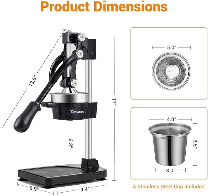 TONGCHANT Cast Iron Juicer, 17" Tall Heavy Duty Citrus Press with Stable Flat Base | Manual Hand Press Juicer for Lemon Lime Pomegranate, Easy to Clean, Stainless Steel Cup, Black