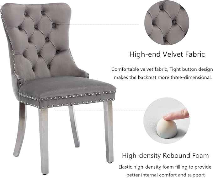 Velvet Dining Chairs Set of 2, Upholstered Dining Room Chairs with Back Ring Pull Trim and Sliver Stainless Steel Legs,Tufted Wingback Chair Perfect for Dining Room,Kitchen(Grey)