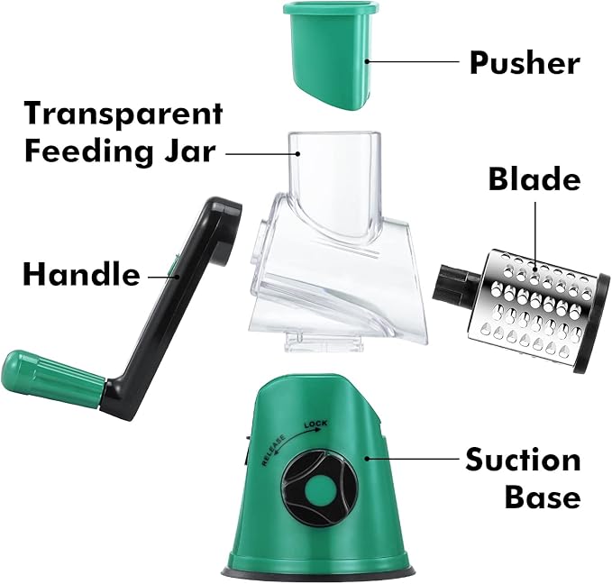 Cheese Grater Rotary, Rotary Grater for Kitchen, Kitchen Grater Vegetable Slicer with 3 Drum Blades, Fast Cutting Cheese Shredder for Vegetables and Nuts