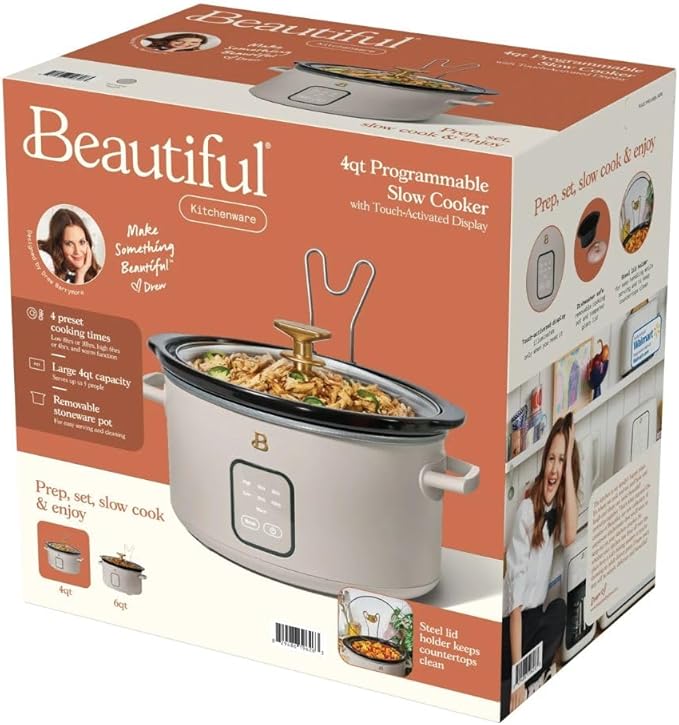 Beautiful 4-Quart Programmable Slow Cooker with Touch-Activated Display, Digital Timer, Keep-Warm Function & Removable Non-Stick Pot