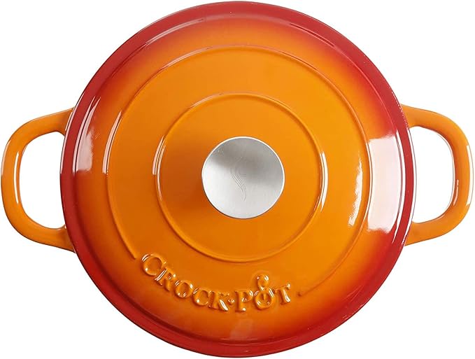 Crock-Pot Artisan 5-Quart Round Enameled Cast Iron Dutch Oven – Sunset Orange, Durable Heavy-Duty Cookware for Slow Cooking, Roasting, Baking with Lid
