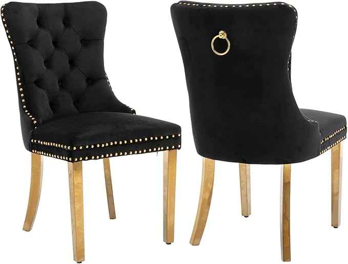 Black Dining Chairs Set of 2, Velvet Upholstered Dining Room Chairs with Back Ring Pull Trim and Golden Stainless Steel Legs, Tufted Wingback Chair Perfect for Dining Room,Kitchen(Black)