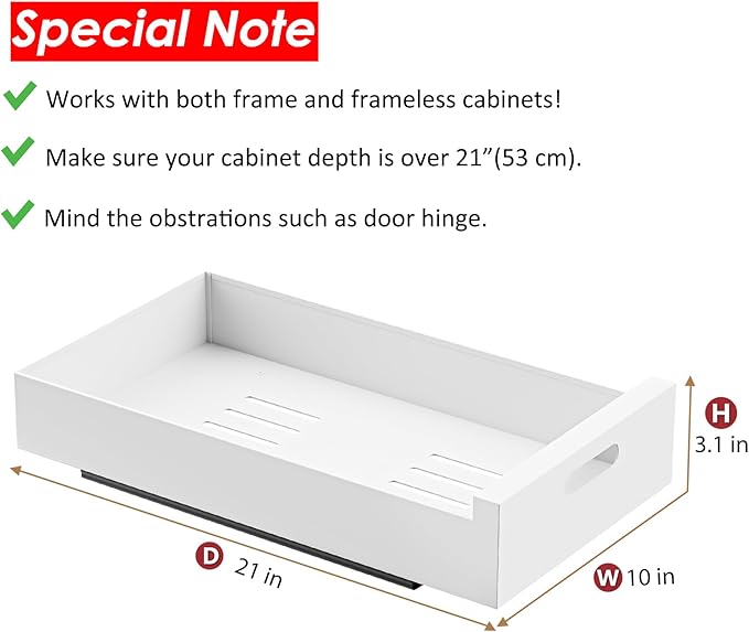 HBL' 2 Pack | 21" Deep Pull Out Cabinet Organizer Adhesive, 10-Inch Wide Sturdy Carbon Steel Roll-Out Drawers for Face Frame or Frameless Cabinets,Slide-Out Shelves for Pantry.