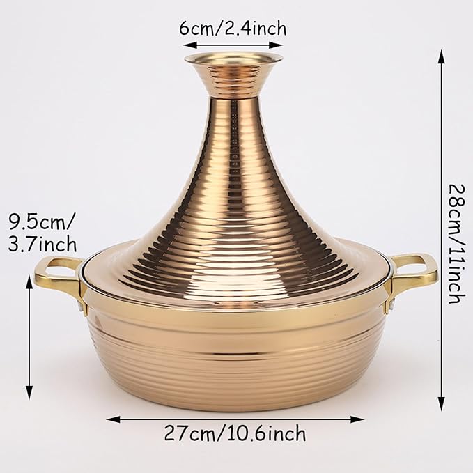 Moroccan Tagine Cooking Pot,Stainless Steel Non Stick Moroccan Casserole with 2 Handles,Large Moroccan Cooker Handmade Tagine Pot with Cone-Shaped Lid(27cm, Rose Gold)