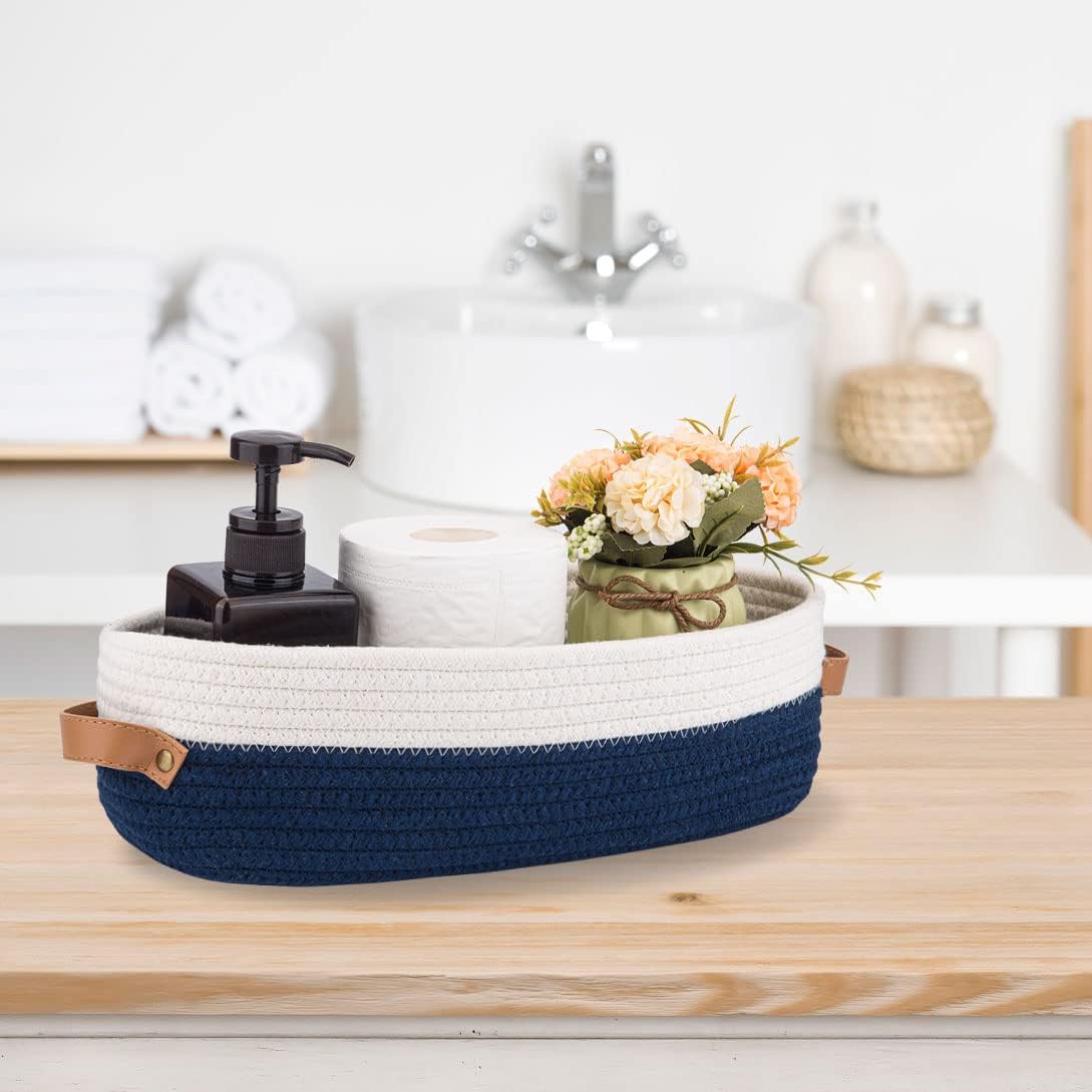 Set of 2 Toilet Basket,Woven Storage Basket for Toilet Tank Top Farmhouse Home Decor Organizing Baskets 13"x5.9"x4" Navy Stitching White