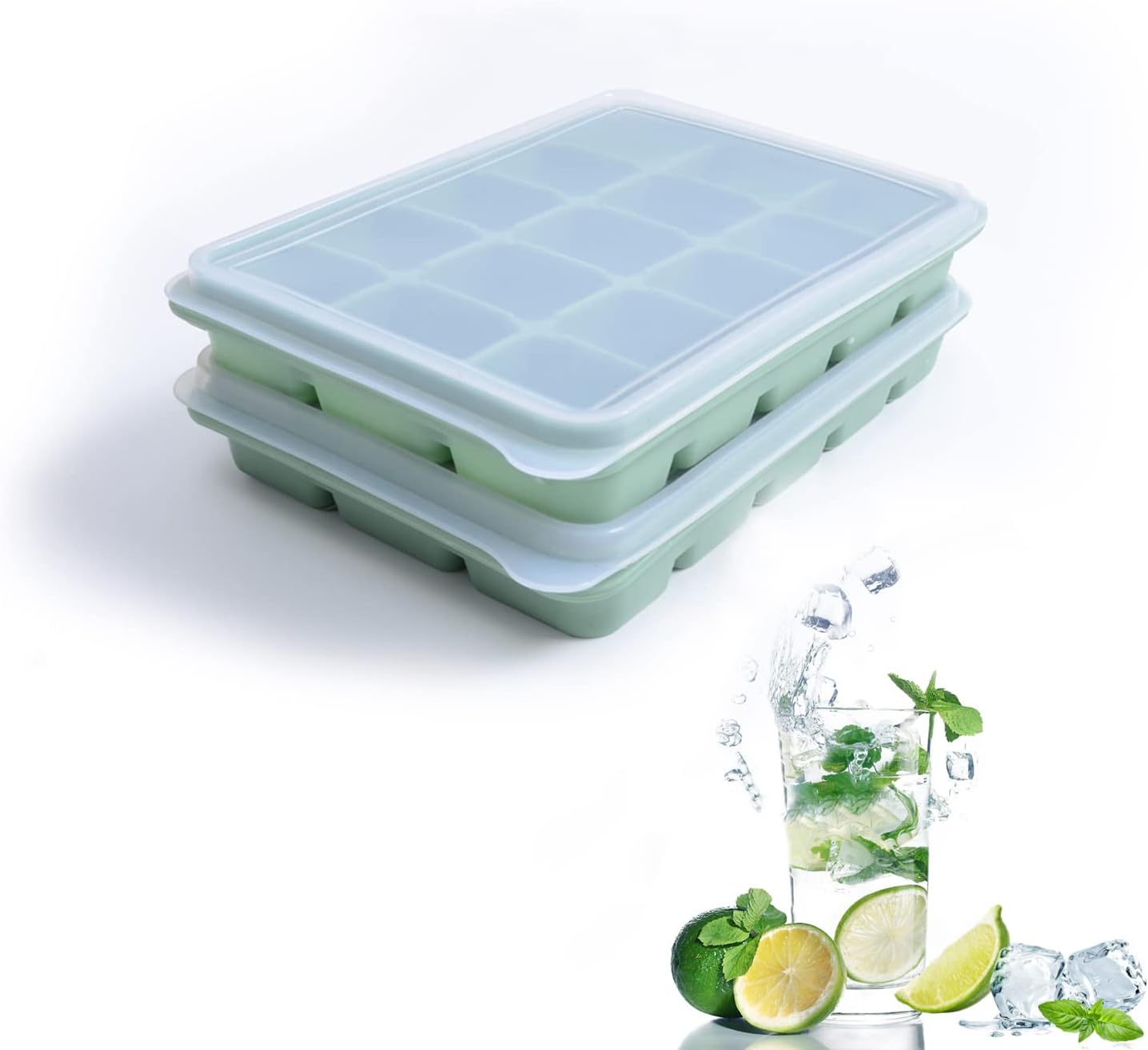 Ice Cube Trays Set of 2, Easy Release 15 Flexible Silicone Ice Cube Molds with Removable Lid Reusable Freezer Ice Trays Stackable for Whiskey, Baby Food, BPA Free (BAMBOO GREEN)
