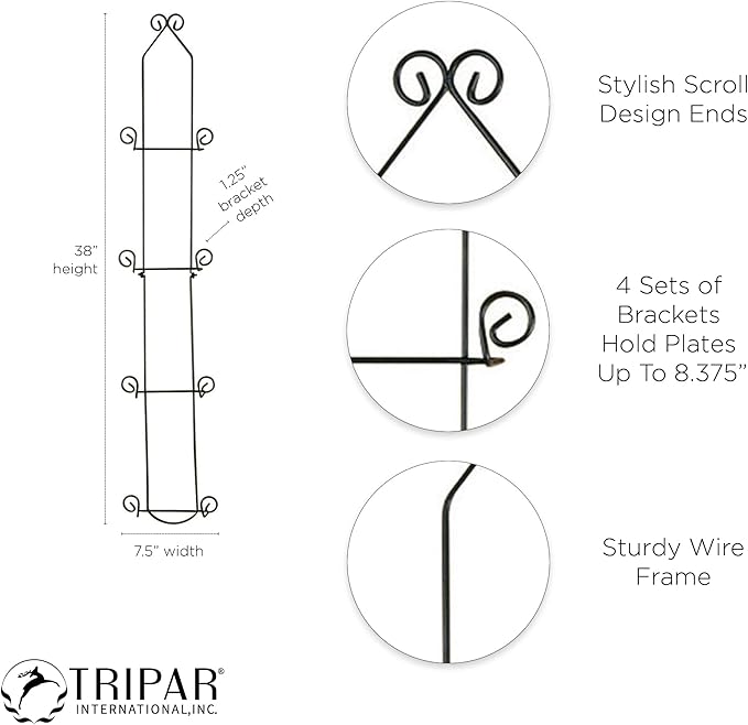 TRIPAR Vertical Wall Plate Rack, Black Display (4 Tiers) - Lightweight & Durable - Contains 4 Non-Adjustable Brackets - Elegantly Display Plates, Tiles, Artwork, & More
