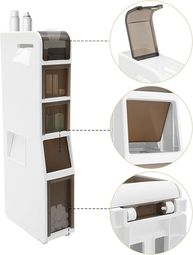 Slim Waterproof Narrow Bathroom Cabinet with Trash Bin Compact Design with Drawers and Toilet Paper Holder Movable Bathroom Organizers for Small Spaces (5Tier/37.8in H)