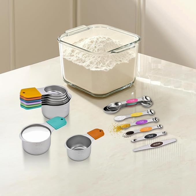 16-Piece Magnetic Measuring Cups and Spoons Set, Stainless Steel with Non-Slip Silicone Handles and Leveler, Essential Kitchen Baking Tools (Multicolor)