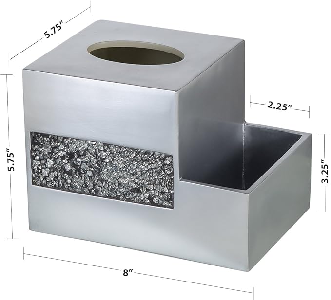 Crackled Glass Tissue Box Cover Square Silver Decorative Multi-function Storage Organizer Caddy; Tissue Box Holder & Countertop Nightstand Bedside Table Organizer Makeup, Phone, Remote Control Holder