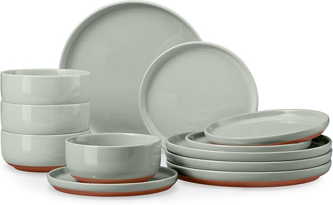 E-far 12-Piece Stoneware Dinnerware Sets, Plates and Bowls Sets for 4, Ceramic Dishware Dishes Set with Terracotta Base, Chip & Scratch Resistant, Microwave & Dishwasher Safe, Speckled Green