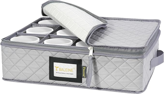BALEINE China Storage Containers, Sturdy Quilted Wine Glass Storage, Plate Organizer with Carry Handles, Moving Boxes for Dishes, Cups, Mugs and Stemware (Mug Storage, Soft Shell Grey)
