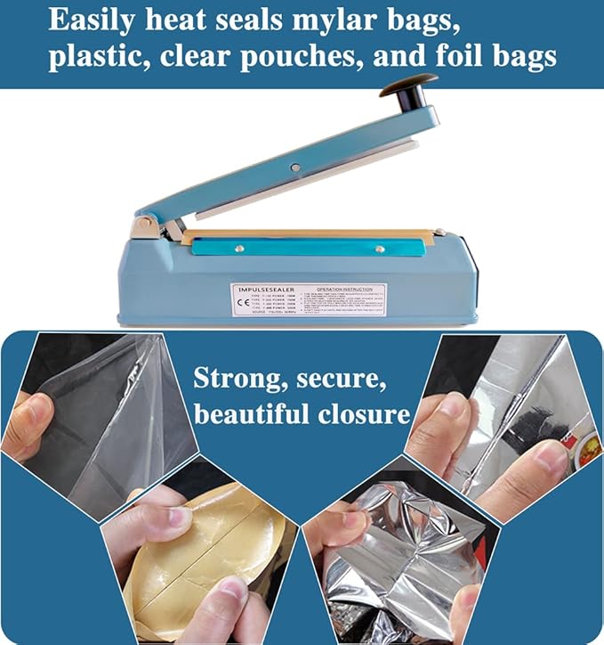 Impulse Heat Sealer 8 Inch 5mm Mylar Bag Sealer Heat Seal Machine, 110v Manual Heat Sealer for Plastic/Poly/Cookie Bags, 8 Replacement Parts & Teflon Cloth Strip(2 Round Cutter Lines Included)
