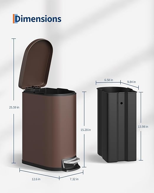 GarveeHome 2.6 Gallon Bathroom Trash Can, Space-Saving Slim Stainless Steel Step-On Garbage Bin with Soft Close Lid, Removable Inner Bucket for Bathroom & Bedroom,Brown
