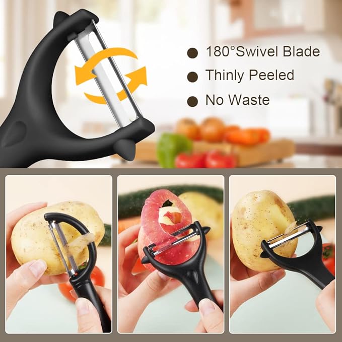 AUAUY 2PCS Potato Peeler, Y and I-Shaped Swivel Vegetable Peeler Set, Fruit Peeler for Kitchen, Non-Slip Grip Peeler, Ergonomic Handle Sharp Blade Stainless Steel Peeler（Black）