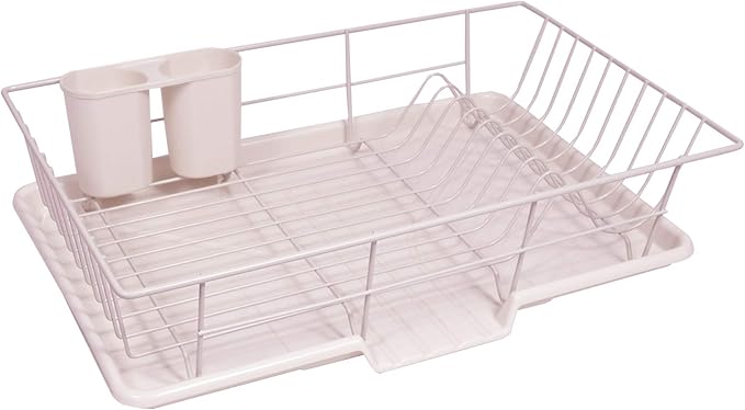 Sweet Home Collection 3 Piece Dish Drainer Rack Set with Drying Board and Utensil Holder, 12" x 19" x 5", Pale Pink