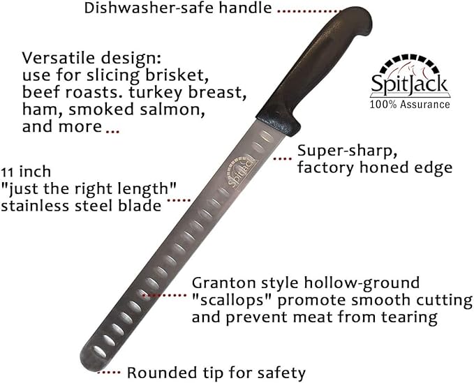 SPITJACK BBQ Smoked Brisket Knife for Meat Carving and Slicing - SS, Granton Edge, 11 Inch Blade
