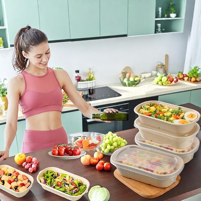 Aksipo 50 Pack 23 Oz Disposable Meal Prep Containers with Lids, Rectangle Paper Bowls with Lids for Salad,Leftovers, Leak-proof To Go Food Box Cardboard Lunch Box Compostable Take Out Food Containers
