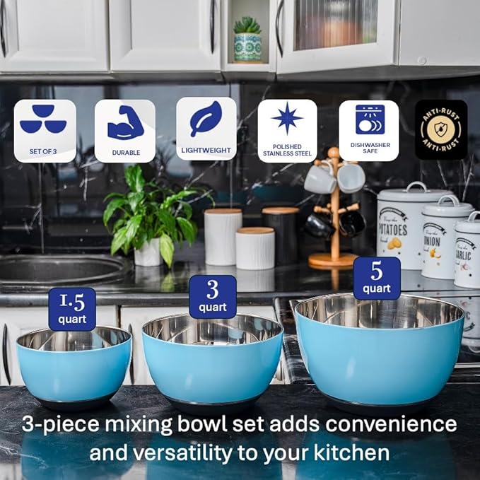 WHYSKO® Stainless Steel Mixing Bowls (Set of 3) with Non-Slip Silicone Base for Kitchen, Dishwasher Safe Bowls for Meal Prep, Cooking, Baking, Serving, Food Storage (Light Blue)