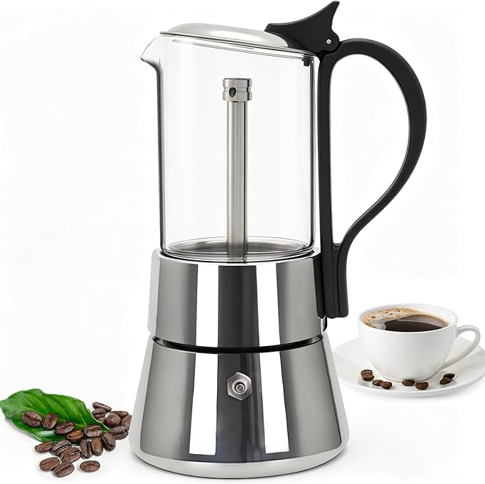 4 Cup Glass Transparent Moka Pot Stainless Steel Uncoated Stovetop Espresso Maker Italian Coffee Makers Mocha Greca Machine Cafe Classic Induction Cookers for Home Camping 220ml
