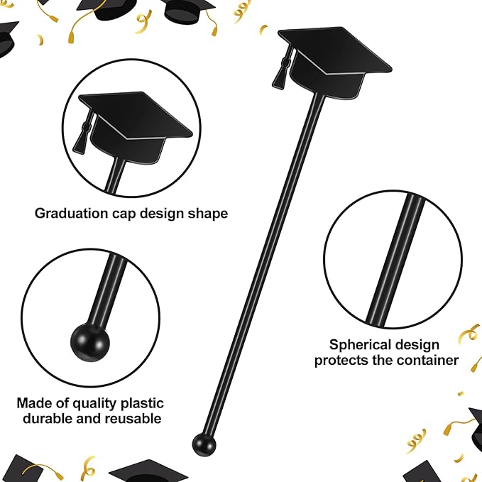 SiliFine 30 Pcs Graduation Cap Drink Stirrers Graduation Stir Sticks Coffee Stirrers Cocktail Mixers Plastic Swizzle Sticks Hot Cocoa Bar Supplies for Party Bar Coffee Tea Favors (Black)