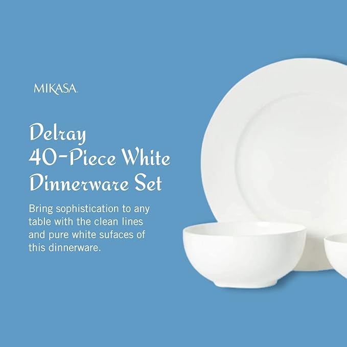 Mikasa Delray 40-Piece Bone China Dinnerware Set, White Round Dishes for 8 - Dinner Plates, Salad Plates, Cereal Bowls, Fruit Bowls and Mugs