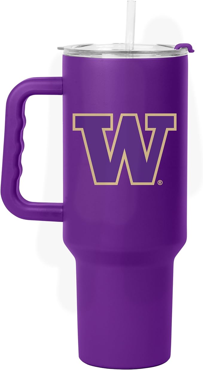Logo Brands NCAA 40 oz Tumbler with Handle -Stainless Steel Insulated Travel Tumbler with Straw Lid – Powder Coated, Leak-Resistant, Keeps Drinks Hot/Cold – Great for Tailgating, or Everyday Use