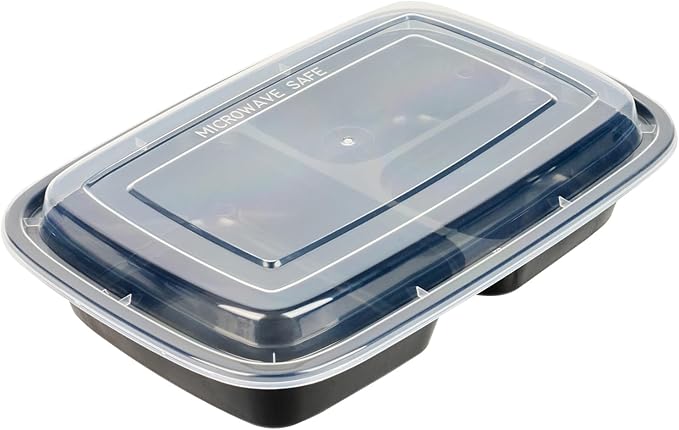 Restaurantware-Asporto 26 Ounce Compartment Take Out Boxes, 50 Microwavable Meal Prep Containers - 3 Compartments, With Clear Plastic Lids, Black Plastic Food Containers, Do Not Contain BPA