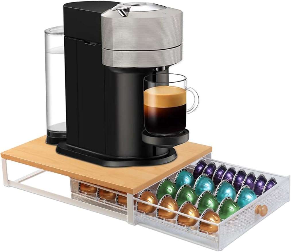 Sedegn Coffee Pod Holder Drawer Organizer Capsules Storage Organizer with Sliding Drawer Compatible For Nespresso Pods, Holds up to 56 Small or 28 Big nespresso pod Oak Color