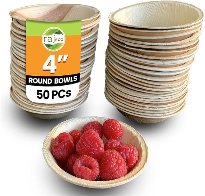 Raj Disposable Palm Leaf Bowls (50 Count, 4" Bowl) Strong Bowls Like Bamboo Party Bowl - Decorative Compostable Tableware for Lunch, Dinner, Birthday, Outdoor, BBQ, Picnic, Parties