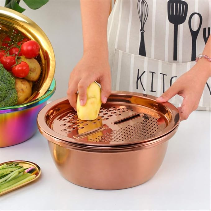 3-In-1 Multifunctional Grater Basin Colander Strainer Set, Mingcheng Stainless Steel Kitchen Grater/Drain Basket/Bottom Basin for Washing Rice, Fruits, Vegetable, Grater with Container (Rose Gold)