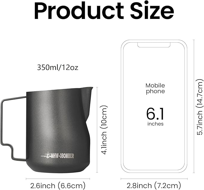 MHW-3BOMBER Milk Frothing Pitcher 12oz Milk Frother Cup Espresso Steaming Pitcher Stainless Steel Milk Frother Cup Barista Latte Art Round Spout Milk Jug, Black P6007MB-OS