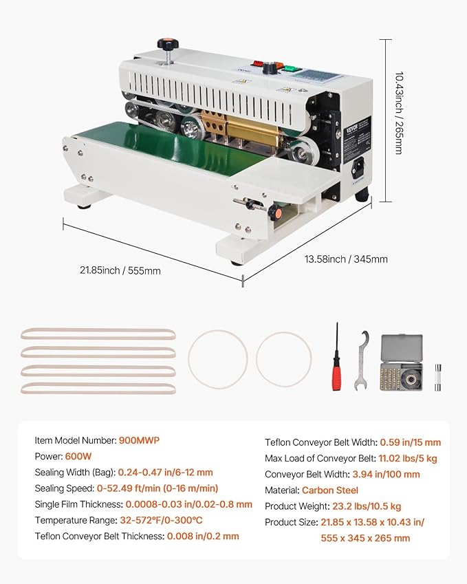 VEVOR Continuous Bag Band Sealing Machine, 0.24-0.47 in/6-12 mm Seal Width, Horizontal Band Sealer Machine with Digital Temperature Control, Carbon Steel Bag Sealer for 0.02-0.8 mm Plastic Bags Films