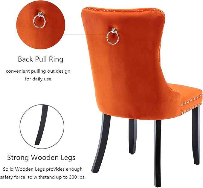 Velvet Dining Chairs Set of 6, Upholstered Dining Room Chairs with Back Ring Pull Trim and Solid Wood Legs,Tufted Wingback Kitchen Chair Perfect for Dining Room,Living Room,Kitchen(Orange)