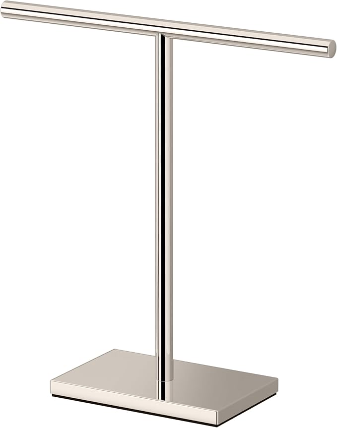 Gatco 1444PN, Modern Rectangle Base Freestanding Countertop Towel Holder, Polished Nickel / 10.50" W x 11.13" H T-Shape Style Countertop Hand Towel Holder for Bathroom, Kitchen/Fingertip Towel Rack