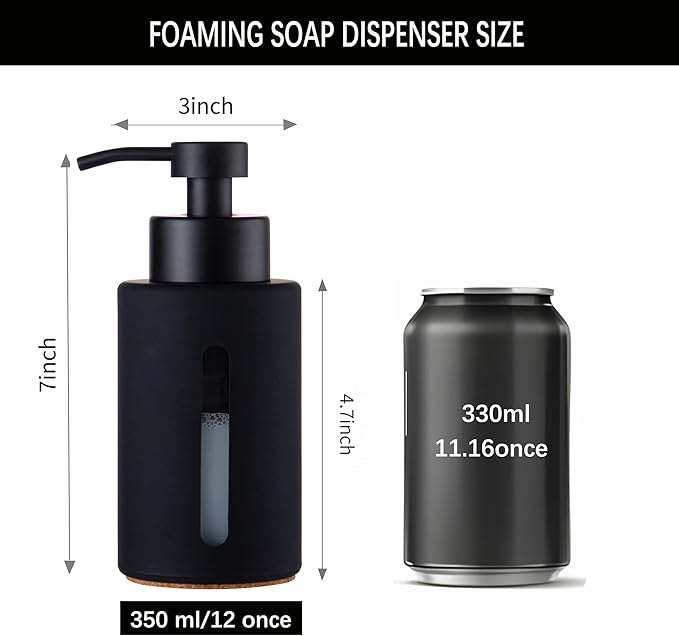 Enra Thick Glass Foaming Soap Dispenser with Clear Window,12oz Black Bathroom Soap Dispenser with Stainless Steel Pump, Modern Boho Refillable Pump Bottle for Bathroom Kitchen (Foam-Black)