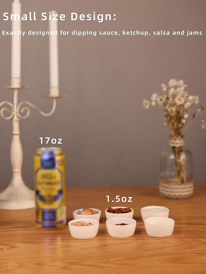 HAOTOP Mini Ramekins 1.5 oz Set of 6,Small Ceramics Souffle Dish, Exactly Designed for Dipping Sauce, Ketchup, Salsa and Jams, 45ml White