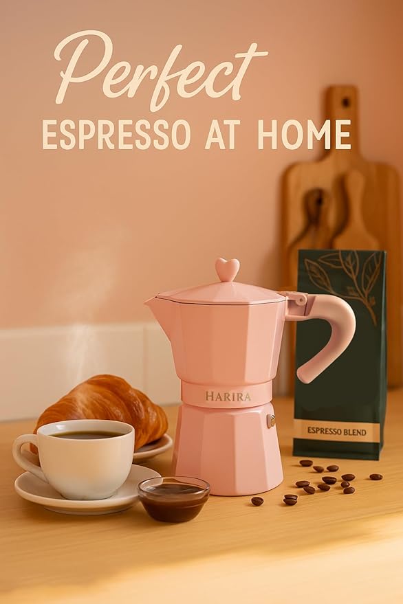HARIRA 9 Cup Stovetop Espresso Maker Italian & Cuban Style Coffee Pot, Durable Aluminum Moka Pot with Ergonomic Handle, Rich Aromatic Brew, Pink Coffee Maker for Home or Travel